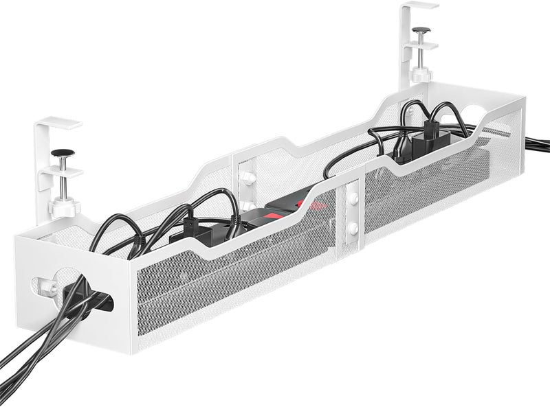 Litwaro Under Desk Cable Management Tray White, Cable Management Under Desk No Drill, 25'' Cable Tray with Clamp for Wire Management, Cord Organizer for Office, Home - No Damage to Table - Image 1